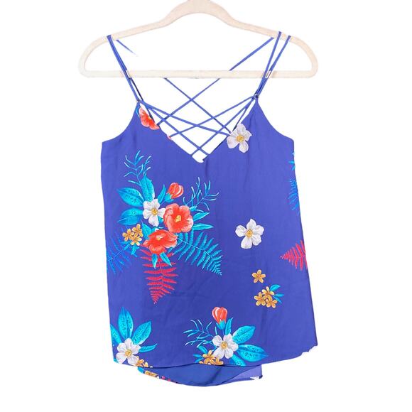 Express Womens Blouse Blue Floral V Neck Tank Racerback Flowy Stretch XS - Picture 1 of 10